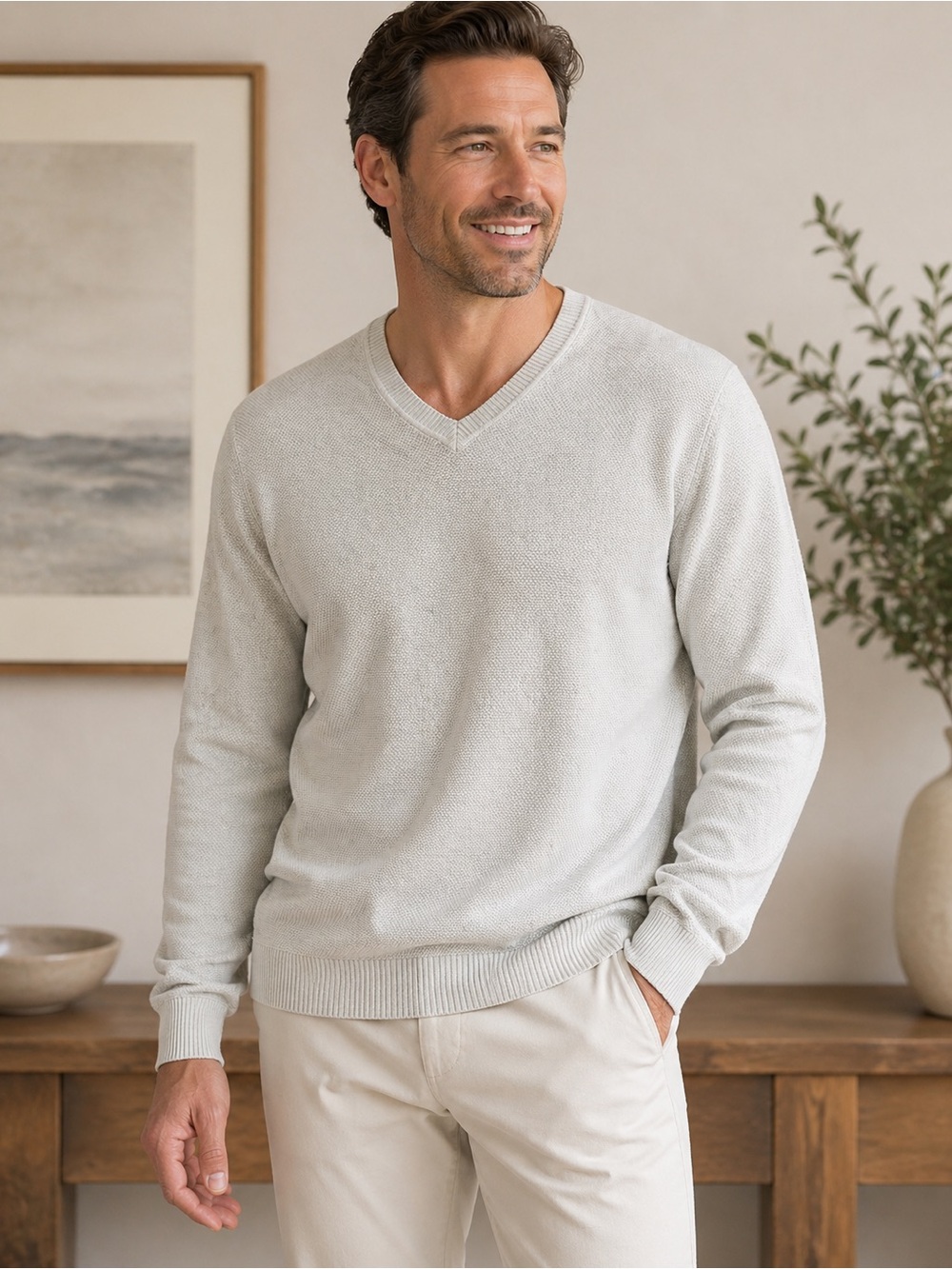 T. Harris London Italy Knit V-Neck Sweater Large Cotton Modal Textured Luxury